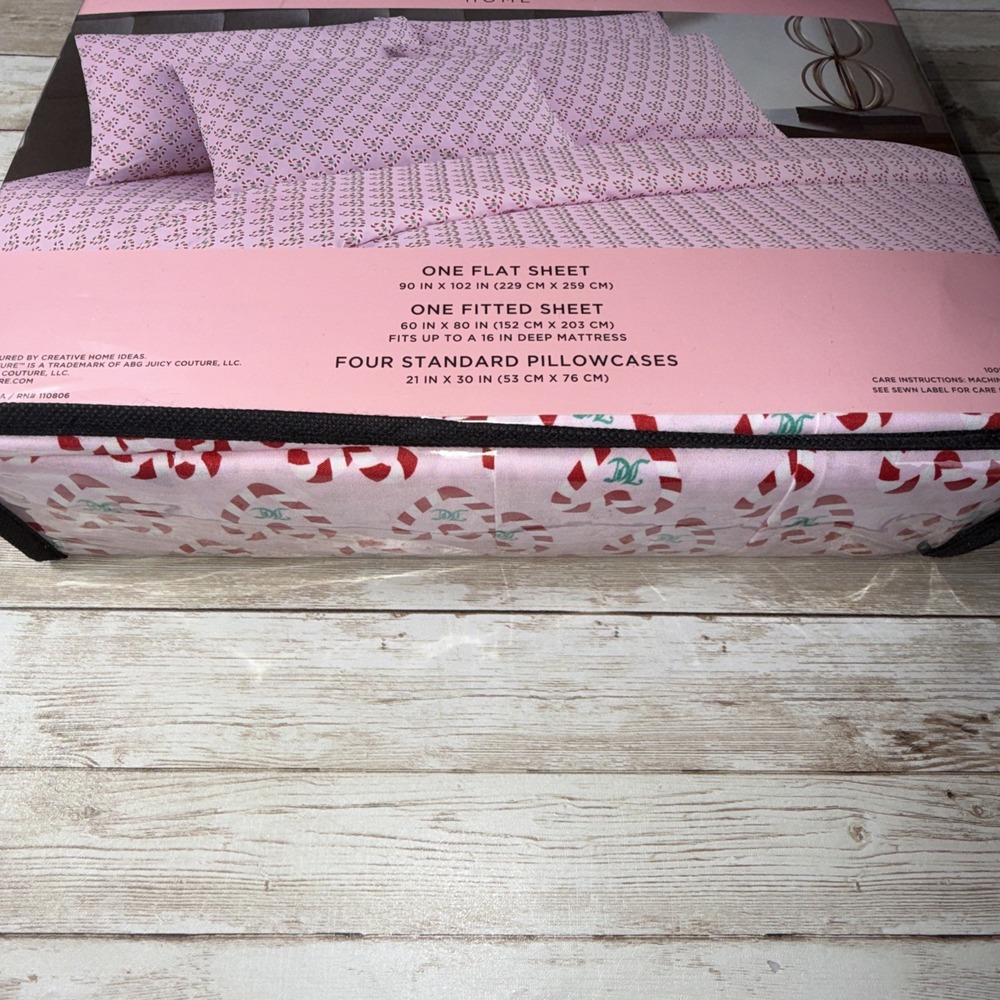Juicy‎ Couture Queen Sheet Set Pink Candy Cane Heart Monogram 6 Piece New - Picture 6 of 8
